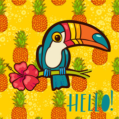 Bird Toucan, tropical hibiscus flower in cartoon style. The phrase Hello © Klepsidra
