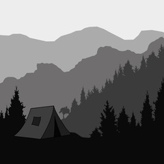 Silhouette of the mountain and the tent for trekking. Vector illustration.