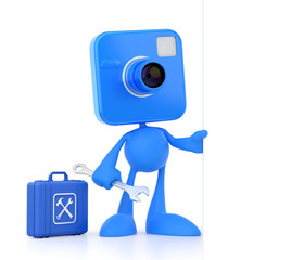 Cartoon Technical Support. Bizarre cameraman as a funny personage holding wrench, beside a technician's tool case. 3D rendering graphics on the theme of 'Customer Service'.