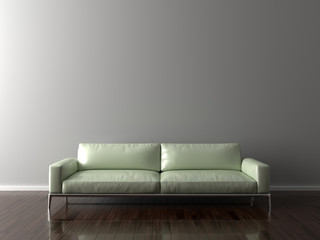 Sofa in empty room, parquet on the floor.