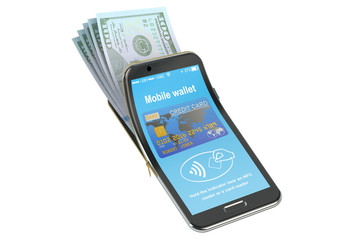 Money in the mobile phone, NFC concept. 3D rendering