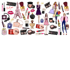 Hand drawn set with cosmetics and accessories