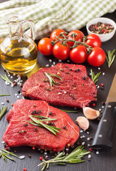 raw steak with cooking ingridients