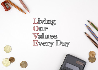The sheet of paper with the inscription. LOVE - Living our value