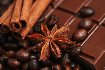 Obraz na płótnie Canvas Coffee, chocolate and spices