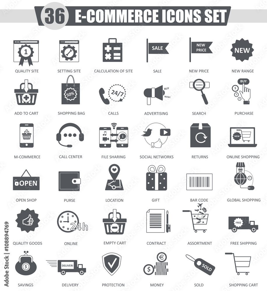 Poster vector e-commerce black icon set. dark grey classic icon design for web.