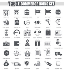 Vector E-commerce black icon set. Dark grey classic icon design for web.