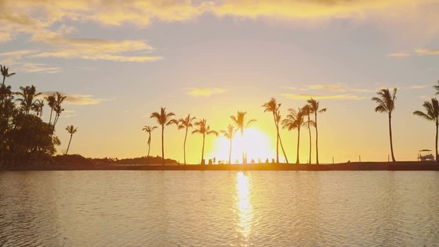 Paradise beach sunset or sunrise with tropical palm trees. Summer travel holidays vacation getaway colorful concept photo from sea ocean water at Big Island, Hawaii, USA. RED EPIC