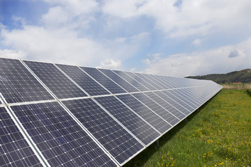 Detail of the Solar Power Station on the spring flowering Meadow in the sunny Day