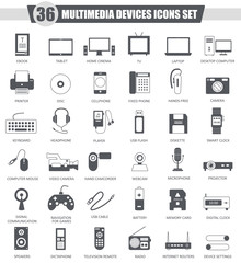 Vector Multimedia devices black icon set. Dark grey classic icon design for web.