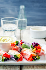 rainbow spring rolls with avocado white bean hummus