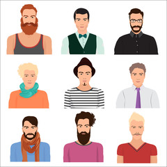 Fototapeta premium Vector Male man character faces avatars in different clothes and hair styles.