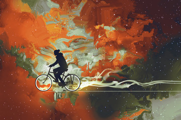 Fototapeta premium Silhouettes of man on bicycle in universe filled,illustration art