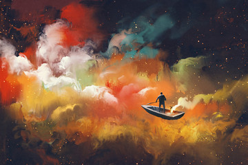człowiek na łodzi w kosmosie z kolorową chmurą, ilustracja - 108897176