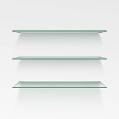 Vector Empty Glass Shelf Shelves Isolated on Wall Background