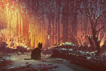 Fototapeta premium lost cat in the forest with mystic light,illustration painting