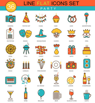 Vector Party flat line icon set. Modern elegant style design  for web.