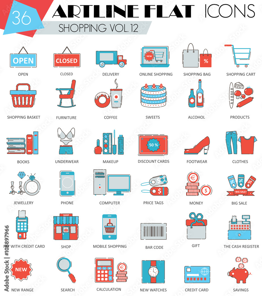 Poster vector shopping ultra modern outline artline flat line icons for web and apps.