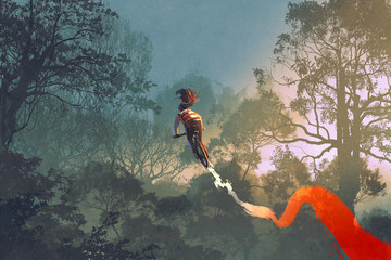 Naklejka premium cyclist riding a bike with tire track in the air with forest in background