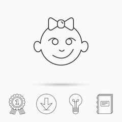 Baby girl face icon. Child with smile sign.