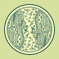 Zen-doodle or Zen-tangle texture or pattern  dark green yellow  in circle
