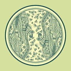 Zen-doodle or Zen-tangle texture or pattern  dark green yellow  in circle