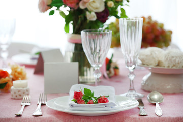 Beautiful served table for wedding or other celebration in restaurant