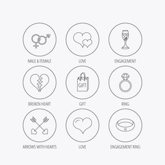 Love heart, gift box and wedding ring icons.