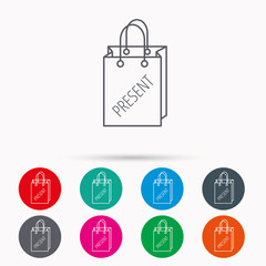 Present shopping bag icon. Gift handbag sign.