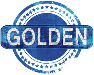 golden grunge blue stamp. Isolated on white.