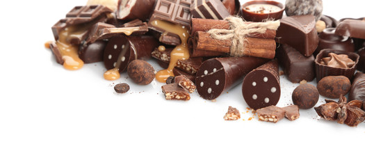 Assorted chocolate candies, isolated on white