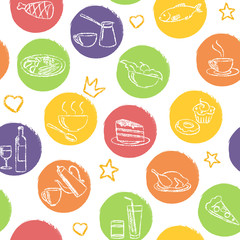 Seamless pattern with doodle food and drinks