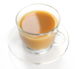 Tea with milk on white background.
