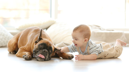 Little baby boy with boxer dog lying on the floor at home