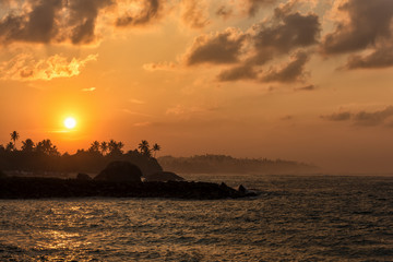 Bueatiful landscape beach and palm tree at sunrise in Sri lanka