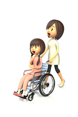 母親に車いすを押してもらう少女