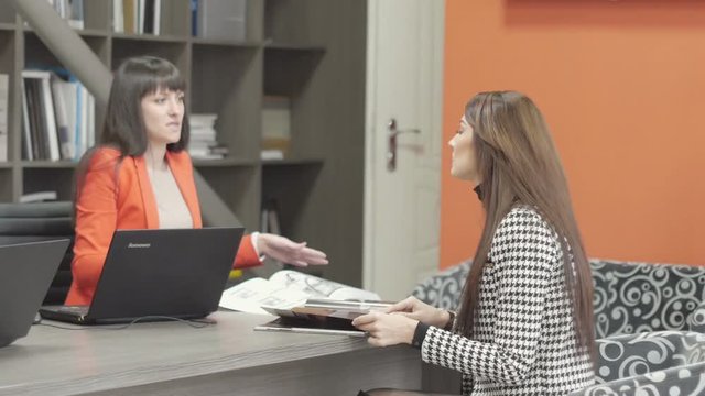 Businesswoman consulting customer with options for purchase im magazine 