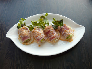 healthy food - salad tuna roll with vegetables and egg shrimp sauce