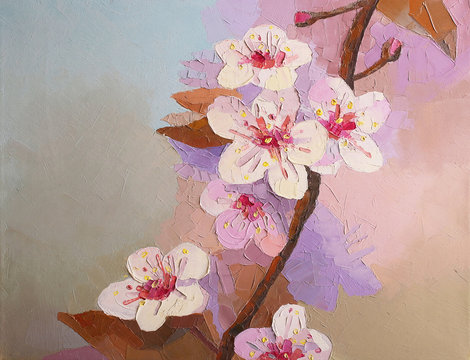 Oil painting Cherry Blossom Flowers. Sakura