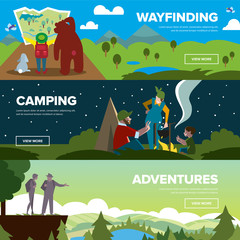 Hiking and adventure banners. Weekend journey. Vector illustration. Activity life. Outdoor leisure. House on wheels.