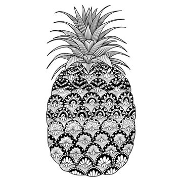 Line art design of pineapple for coloring book for adult, logo, t shirt design, flyer, tattoo and so on
