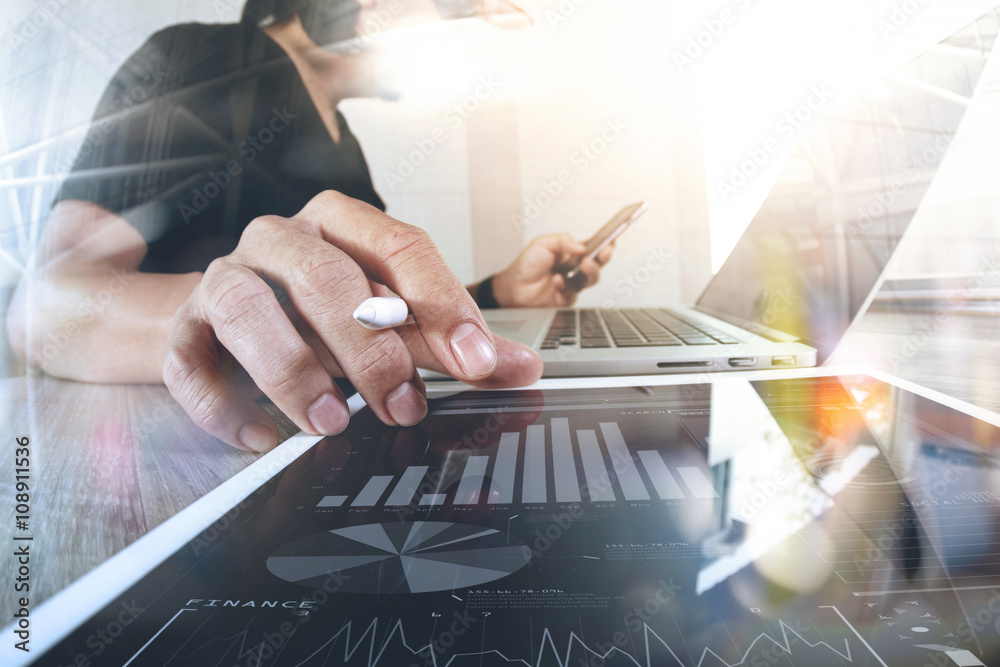 Poster Website designer working digital tablet and computer laptop with