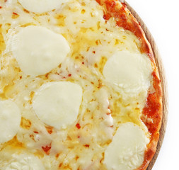 Pizza full of cheese on wooden board isolated on white background, close up