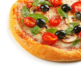 Delicious tasty pizza with vegetables, isolated on white