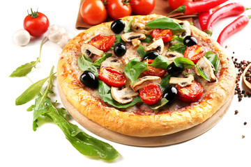 Delicious tasty pizza with vegetables on light background