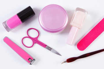 Naklejka premium Cosmetics and set of manicure or pedicure tools, concept of nail care