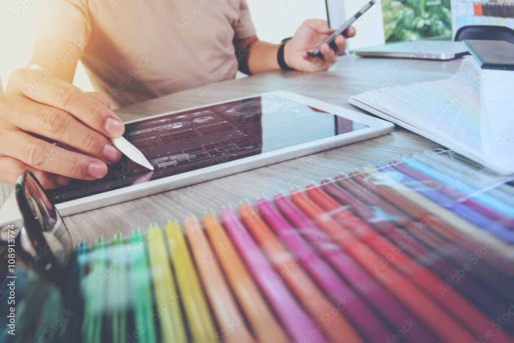 Poster Website designer working digital tablet and computer laptop with