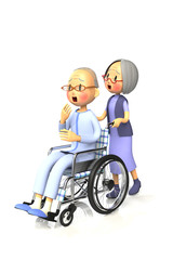 妻に車いすを押してもらう老人