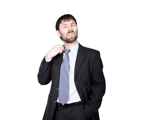 gestures distrust lies. body language. man in business suit, gesture pulling the collar. isolated on white background. concept of true or false