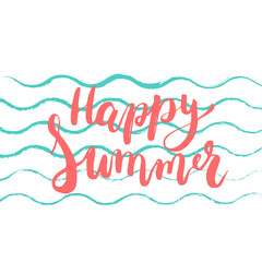 Hand drawn phrase Happy Summer on the colorful background. Hand lettering calligraphy greeting card or invitation for summer party template. Vector texture.